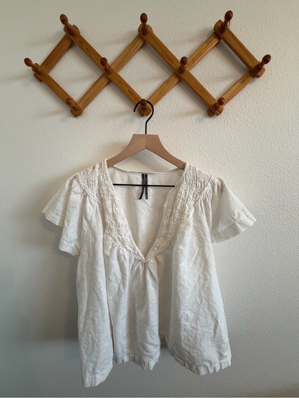 Anthropologie Short-Sleeve Smocked Linen-Blend Blouse